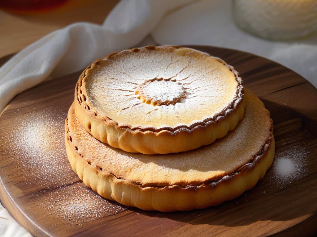  A closeup, ultradetailed image of a perfectly goldenbrown Sablé Bretón cookie with a delicate dusting of powdered sugar on top. The cookie sits on a rustic, weathered wooden board, showcasing its crumbly texture and buttery sheen under a soft, natural light that accentuates every crumb and flake. The intricate patterns on the surface of the cookie are highlighted, inviting viewers to appreciate the craftsmanship and skill that goes into creating this delectable French treat. hyperrealistic, full body, detailed clothing, highly detailed, cinematic lighting, stunningly beautiful, intricate, sharp focus, f/1. 8, 85mm, (centered image composition), (professionally color graded), ((bright soft diffused light)), volumetric fog, trending on instagram, trending on tumblr, HDR 4K, 8K