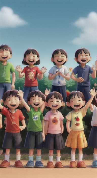  {A heartwarming scene of all the children waving goodbye with happy expressions., Children waving with wide smiles, looking grateful and content.