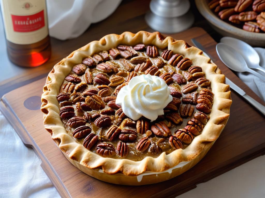  A closeup, highresolution image of a perfectly baked pecan pie resting on a rustic wooden table, showcasing goldenbrown crust, caramelized pecans, and a drizzle of maple syrup on top. The pie is surrounded by scattered whole pecans, a dollop of whipped cream, and a vintage silver pie server, all set against a soft focus background of a cozy kitchen environment with warm natural light filtering through a window. hyperrealistic, full body, detailed clothing, highly detailed, cinematic lighting, stunningly beautiful, intricate, sharp focus, f/1. 8, 85mm, (centered image composition), (professionally color graded), ((bright soft diffused light)), volumetric fog, trending on instagram, trending on tumblr, HDR 4K, 8K