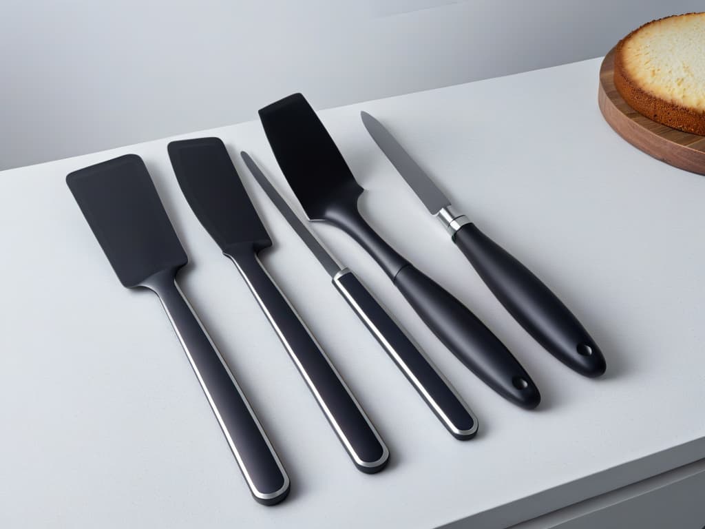  An ultradetailed image of a sleek, modern kitchen countertop adorned with an array of shining, highquality baking spatulas in various sizes and designs. The spatulas are neatly arranged in a symmetrical pattern, showcasing their ergonomic handles and versatile blade shapes. The countertop is spotless, emphasizing the minimalist aesthetic, with soft, natural lighting casting gentle shadows to add depth and dimension to the scene. hyperrealistic, full body, detailed clothing, highly detailed, cinematic lighting, stunningly beautiful, intricate, sharp focus, f/1. 8, 85mm, (centered image composition), (professionally color graded), ((bright soft diffused light)), volumetric fog, trending on instagram, trending on tumblr, HDR 4K, 8K