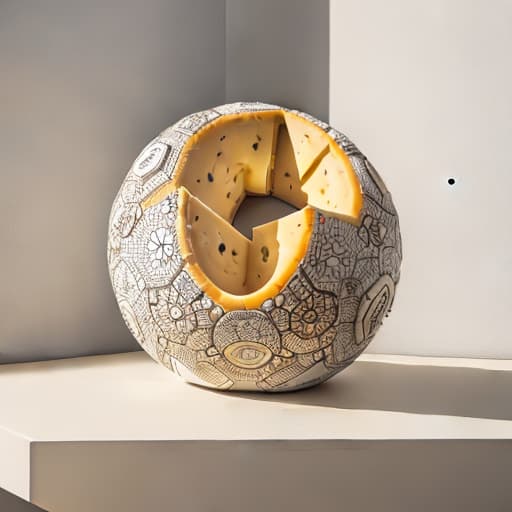  Raw photograph of a large wheel of cheese (shaped like a soccer ball), with intricate details and textures, against a plain white background, in natural lighting with minimal post processing. style RAW, best quality, masterpiece