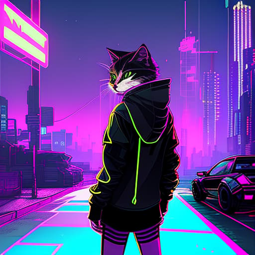 nvinkpunk nvinkpunk snthwve style nvinkpunk, girl,black cat,hoodie,cat ear hoodie,purple background,cute,pink cat eye,cyber punk, high quality, highly detailed, intricate, sharp focus, (centered image composition), digital painting, concept art, smooth, illustration, 4K, 8K