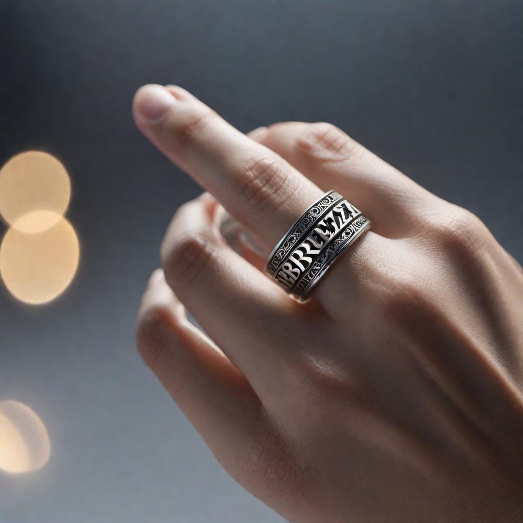  Generate an image of a 4 finger ring with the word 'Breez' inscribed in the ring. hyperrealistic, full body, detailed clothing, highly detailed, cinematic lighting, stunningly beautiful, intricate, sharp focus, f/1. 8, 85mm, (centered image composition), (professionally color graded), ((bright soft diffused light)), volumetric fog, trending on instagram, trending on tumblr, HDR 4K, 8K