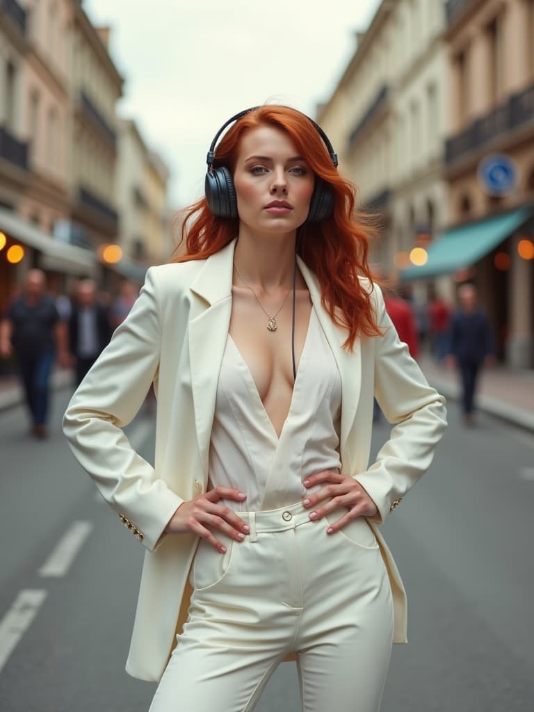  capture an editorial photography featuring a redhead ager listening to music on a bustling city street. the , styled in white (rgb 255 255 255), adopts a confident pose with both hands on their waist, accentuated by a low angle shot that looks up at the subject. the outfit is complemented by shades of alto (rgb 219 219 219) and accented with mine shaft (rgb 50 50 50). the scene is enhanced with a bokeh effect and the amaro instagram filter, which lightens the center of the image, adding a soft glow.