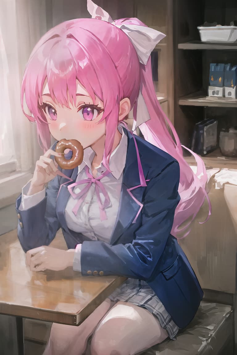  master piece , best quality,High school girl, ponytail, blue blazer, pink ribbon, eating donut