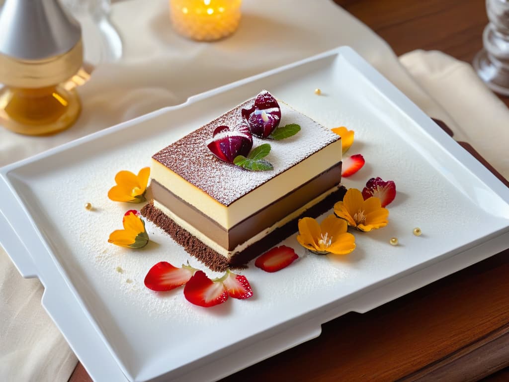  A highresolution, minimalist image of a sleek, contemporary dessert plate with a beautifully crafted and artistically presented deconstructed version of a classic dessert like a tiramisu or a crème brûlée. The dessert is elegantly garnished with delicate edible flowers and gold leaf, set against a simple, clean backdrop to emphasize the modern twist on a traditional sweet treat. hyperrealistic, full body, detailed clothing, highly detailed, cinematic lighting, stunningly beautiful, intricate, sharp focus, f/1. 8, 85mm, (centered image composition), (professionally color graded), ((bright soft diffused light)), volumetric fog, trending on instagram, trending on tumblr, HDR 4K, 8K