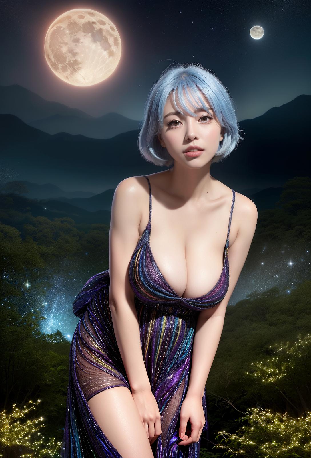  Highest quality, 4K, high resolution, realistic, night sky, moon, star, beautiful woman, full time smile, big eyes, plump breasts, narrow waist, outstanding style, narrow ankle, wide landscape photo , Light blue hair, (seen from below, the sky is above, and the open field is below), (full moon: 1.2), (Meteor: 0.9), (Meteor: 0.9), (Meteor: 0.9) Nebula: 1.3), distant mountains, trees destroy art, (warm light: 1.2), (fireflies: 1.2), Light, purple and orange, complex details, volumetric lighting break (masterpiece: 1.2), (Maximum quality), 4K, super detail, (dynamic configuration: 1.4), rich colors, (rainbow color: 1.2), (shine, lighting with atmosphere), dreamy, magic, (per person : 1.2), (Masterpiece, BestQuality:1.3), (ultra detailed:1.2)