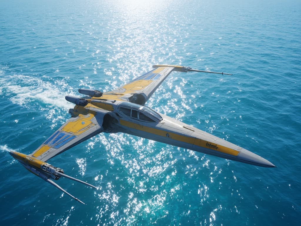  a breathtaking scene of a sunny day where the horizon meets the vibrant blue ocean, creating a striking backdrop. in this ultra realistic depiction, a sleek naboo starfighter is gracefully soaring across the sea, its shimmering golden and blue panels catching the sunlight. one wing dips slightly into the sparkling water below, sending gentle ripples outward. the starfighter is angled away from the viewer, skewing to the left as it glides effortlessly through the sky. the scene is filled with vivid colors, emphasizing the contrast between the cerulean sea, the bright sunlit sky, and the intricate details of the spacecraft, capturing the essence of adventure in a photorealistic style. ultra realistic, hypperrealistic, 4k, 8k hyperrealistic, full body, detailed clothing, highly detailed, cinematic lighting, stunningly beautiful, intricate, sharp focus, f/1. 8, 85mm, (centered image composition), (professionally color graded), ((bright soft diffused light)), volumetric fog, trending on instagram, trending on tumblr, HDR 4K, 8K