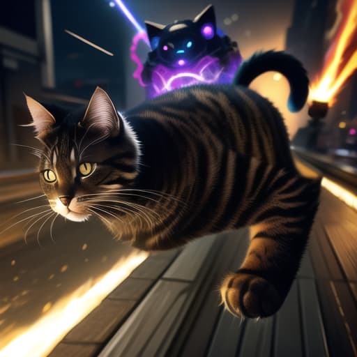  an anthropomorphic cat wearing black linen is depicted in an action pose, swirling fire with an arrow symbol in cat hand, floating above a street in a dark city alleyway, swirling magic effects and swirling energy waves surround cat, with a golden glow on cat face and body, looking at the camera, hyper detailed, movie still, ultrawide, ultra detailed, hyper focus, unreal engine, masterpiece, high rez, high quality, futuristic, exo skeleton, power armor, apex cat dominant universe, fight scars, cat had ear bitten by dog, war between cats and dogs, razor shard claws extended, , (masterpiece, best quality:1.5), HDR 4K, 8K