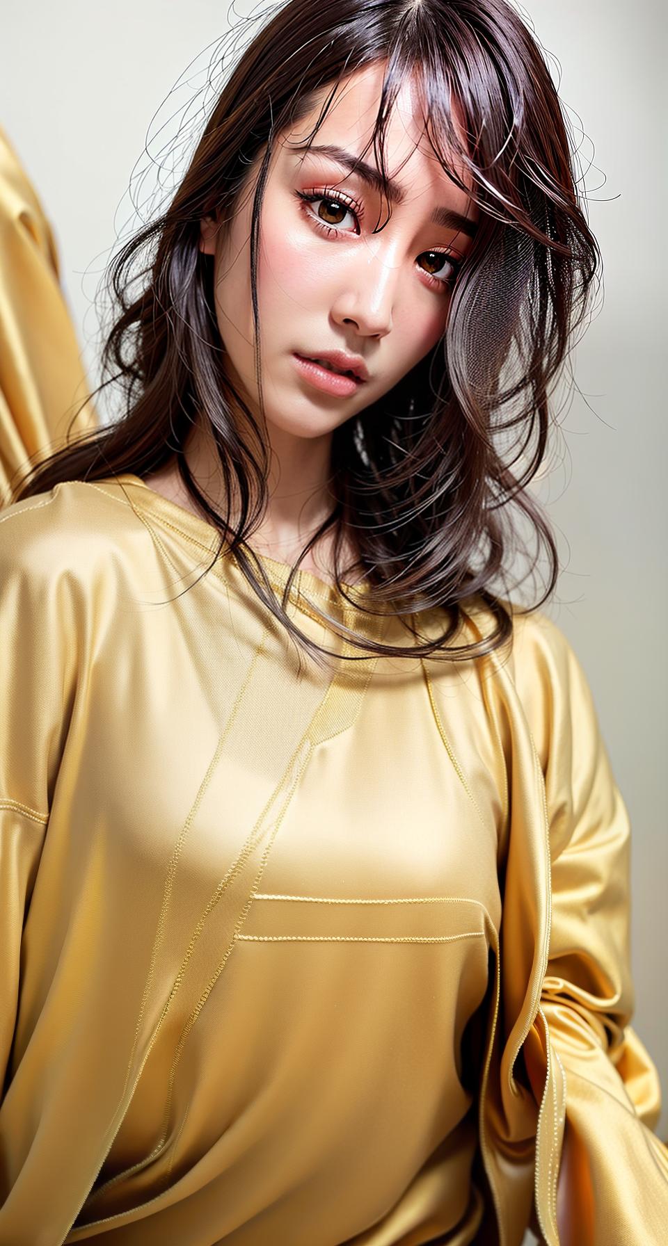  Gold clothes, (Masterpiece, BestQuality:1.3), (ultra detailed:1.2), (hyperrealistic:1.3), (RAW photo:1.2),High detail RAW color photo, professional photograph, (Photorealistic:1.4), (realistic:1.4), ,professional lighting, (japanese), beautiful face, (realistic face)