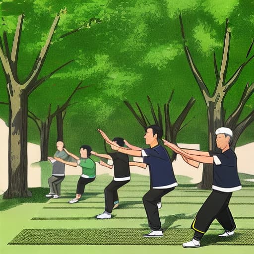  Tai Chi diagram, green trees, sweat,