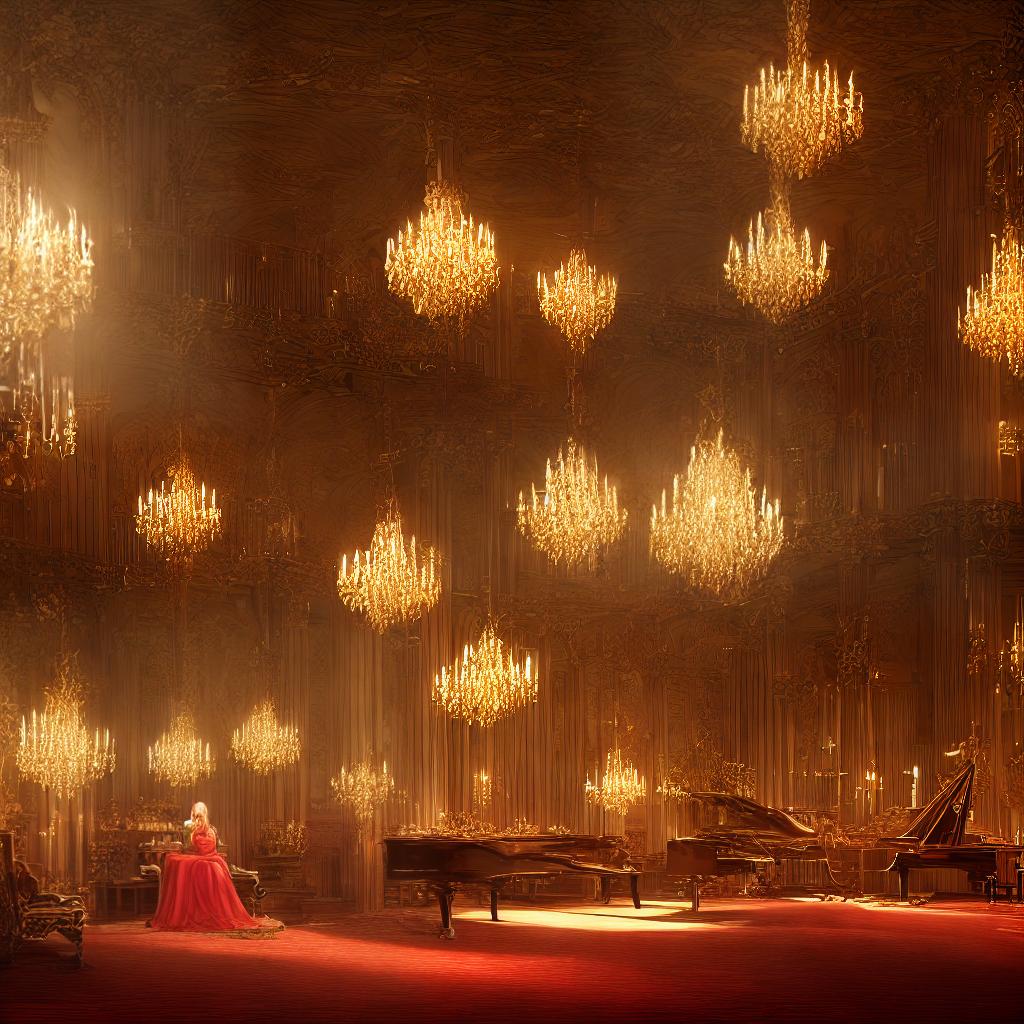  A masterpiece drawing in the style of Chiaroscuro, with the best quality and ultra-detailed, rendered in 8k resolution. The main subject of the scene is an elegant woman sitting at a grand piano in a dimly lit room. The woman is wearing a flowing red dress ((with intricate lace patterns)), her fingers effortlessly gliding across the keys. The room is adorned with antique furniture and ((ornate chandeliers hanging from the ceiling)). Soft candlelight casts dramatic shadows on the walls, creating a captivating atmosphere. The woman's reflection can be seen in the polished surface of the piano, adding an extra layer of depth to the composition. hyperrealistic, full body, detailed clothing, highly detailed, cinematic lighting, stunningly beautiful, intricate, sharp focus, f/1. 8, 85mm, (centered image composition), (professionally color graded), ((bright soft diffused light)), volumetric fog, trending on instagram, trending on tumblr, HDR 4K, 8K