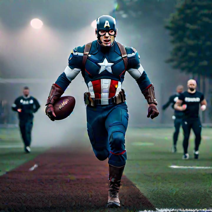  Captain America is playing football hyperrealistic, full body, detailed clothing, highly detailed, cinematic lighting, stunningly beautiful, intricate, sharp focus, f/1. 8, 85mm, (centered image composition), (professionally color graded), ((bright soft diffused light)), volumetric fog, trending on instagram, trending on tumblr, HDR 4K, 8K