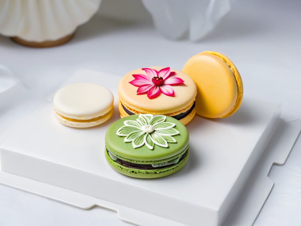  A highresolution image of a delicately handpainted macaron with intricate floral designs using edible paint, showcasing the artistry and creativity of edible painting trends worldwide. The macaron is placed on a simple, elegant white plate to emphasize the detailed work and the beauty of the edible art. hyperrealistic, full body, detailed clothing, highly detailed, cinematic lighting, stunningly beautiful, intricate, sharp focus, f/1. 8, 85mm, (centered image composition), (professionally color graded), ((bright soft diffused light)), volumetric fog, trending on instagram, trending on tumblr, HDR 4K, 8K