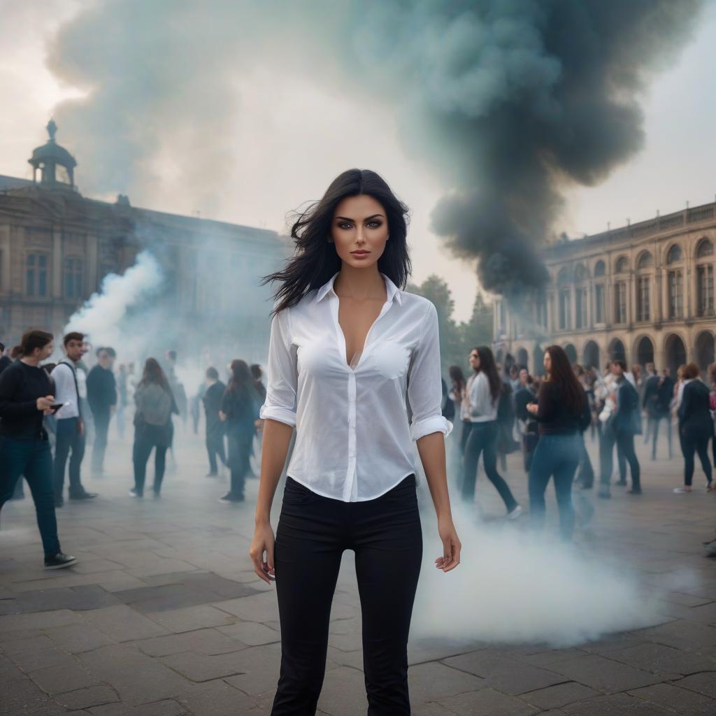  a pretty girl of European appearance, standing tall, wearing a white shirt and black trousers, her black hair flowing freely in the wind. green eyes. She stands near the university. There is a crowd of students in the background. Gloomy atmosphere, shrouded in smoke. HDR. hyperrealistic, full body, detailed clothing, highly detailed, cinematic lighting, stunningly beautiful, intricate, sharp focus, f/1. 8, 85mm, (centered image composition), (professionally color graded), ((bright soft diffused light)), volumetric fog, trending on instagram, trending on tumblr, HDR 4K, 8K