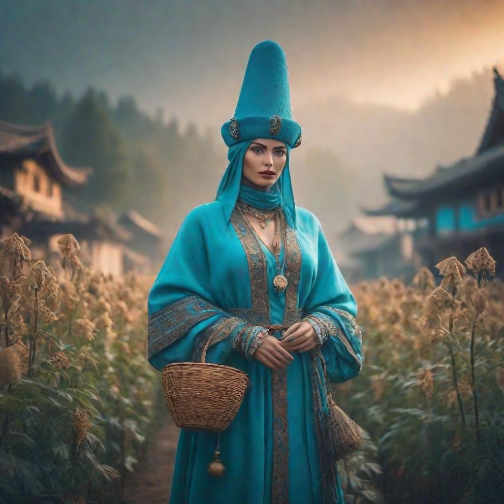  cinematic photo Scared it, dear straw doll in a turquoise costume and a high blue conical hat with festive bells on the edges. . 35mm photograph, film, bokeh, professional, 4k, highly detailed hyperrealistic, full body, detailed clothing, highly detailed, cinematic lighting, stunningly beautiful, intricate, sharp focus, f/1. 8, 85mm, (centered image composition), (professionally color graded), ((bright soft diffused light)), volumetric fog, trending on instagram, trending on tumblr, HDR 4K, 8K