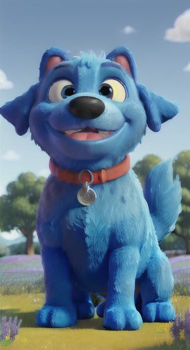  {A happy, big blue dog wagging its tail in a colorful meadow, The big blue dog is large with sky blue fur, big round eyes, a black nose, and floppy ears.