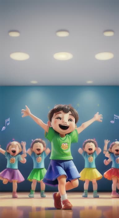  {Children singing and dancing with wide smiles and musical notes floating around them., Kids joyfully dancing and singing, showing their energy and happiness.