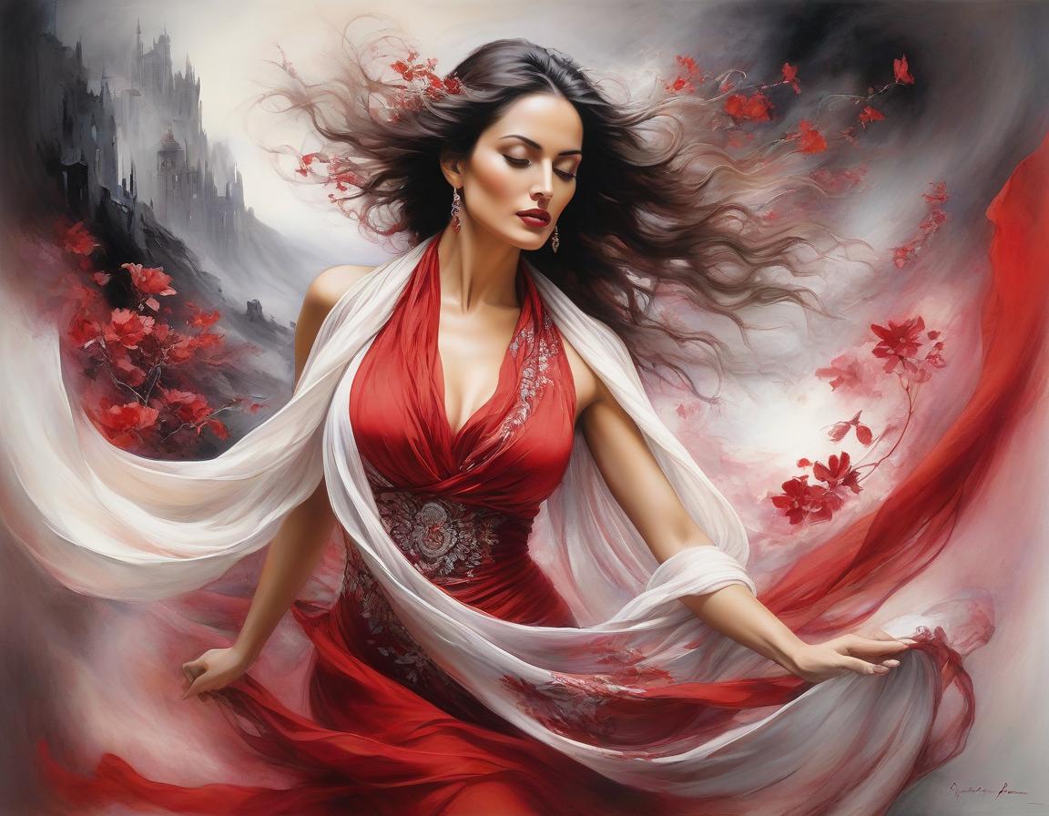  abstract expressionist painting depict an spanish woman, dancing, flowing floral scarf, elegant body lining. the backdrop is an ethereal spanish dreamscape of soft tones crimson, red, off white, magenta, grey. highly detailed. magic realism. alchemy. pastels, pen, ink and wash. luis royo, joaquin sorolla, georgia o’keeffe, arthur rackham. highest quality . energetic brushwork, bold colors, abstract forms, expressive, emotional hyperrealistic, full body, detailed clothing, highly detailed, cinematic lighting, stunningly beautiful, intricate, sharp focus, f/1. 8, 85mm, (centered image composition), (professionally color graded), ((bright soft diffused light)), volumetric fog, trending on instagram, trending on tumblr, HDR 4K, 8K