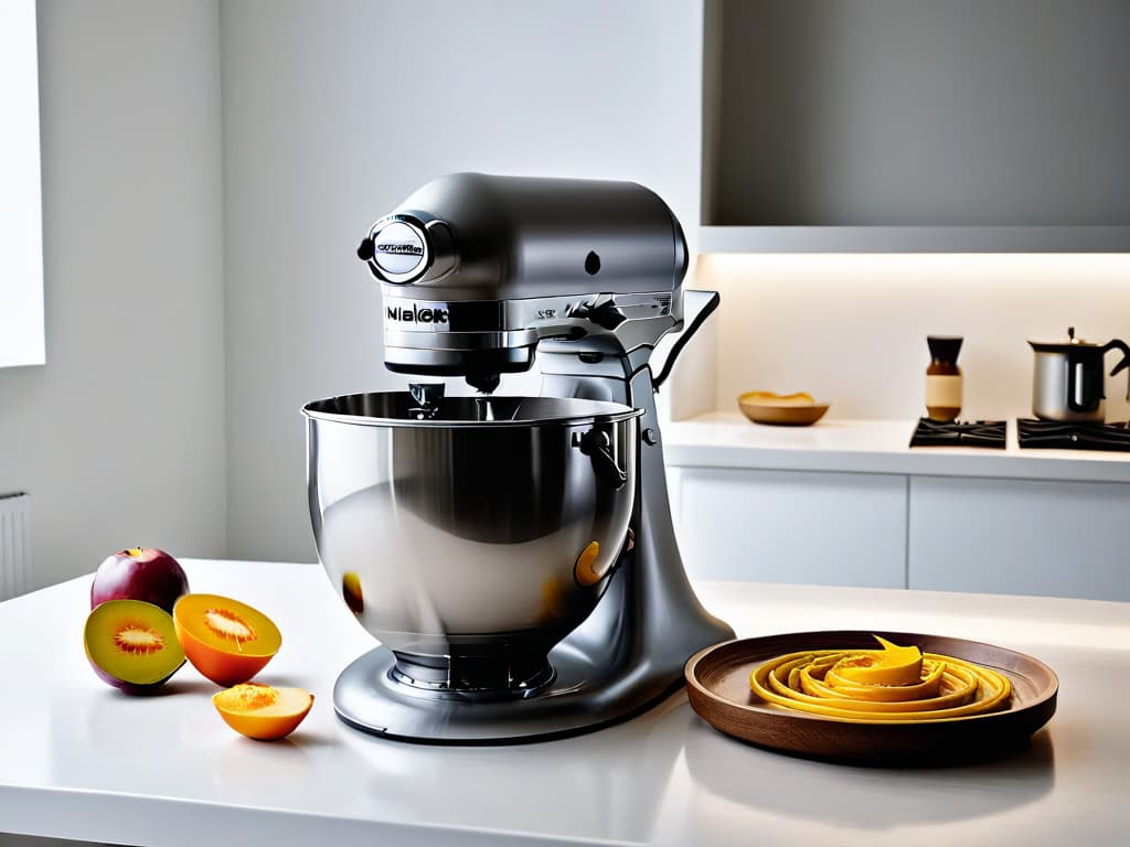  A sleek and minimalistic image showcasing a highquality stand mixer in a pristine white kitchen setting. The focus is on the elegant design of the mixer, with a soft, ambient light highlighting its smooth curves and modern features. The background is a clean, uncluttered countertop, enhancing the professional and inspiring tone of the article. hyperrealistic, full body, detailed clothing, highly detailed, cinematic lighting, stunningly beautiful, intricate, sharp focus, f/1. 8, 85mm, (centered image composition), (professionally color graded), ((bright soft diffused light)), volumetric fog, trending on instagram, trending on tumblr, HDR 4K, 8K