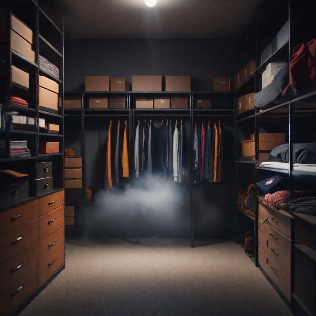  a storage room with a bed in the centre and a dark lightning, cute, hyper detail, full HD hyperrealistic, full body, detailed clothing, highly detailed, cinematic lighting, stunningly beautiful, intricate, sharp focus, f/1. 8, 85mm, (centered image composition), (professionally color graded), ((bright soft diffused light)), volumetric fog, trending on instagram, trending on tumblr, HDR 4K, 8K
