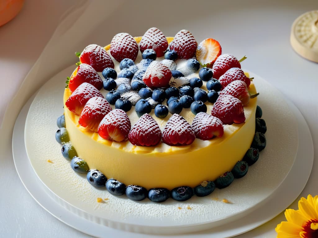  A closeup, ultradetailed image of a luxurious fruit tart, meticulously arranged with vibrant, fresh fruits such as strawberries, blueberries, raspberries, and kiwi on a goldenrimmed porcelain plate. The fruits glisten with a light sugar glaze, accentuating their natural colors and textures. The crust appears perfectly flaky and goldenbrown, adorned with delicate edible flowers for a touch of elegance. The image captures the intricate craftsmanship and artistry involved in creating a highend fruit tart, appealing to the senses with its beauty and deliciousness. hyperrealistic, full body, detailed clothing, highly detailed, cinematic lighting, stunningly beautiful, intricate, sharp focus, f/1. 8, 85mm, (centered image composition), (professionally color graded), ((bright soft diffused light)), volumetric fog, trending on instagram, trending on tumblr, HDR 4K, 8K