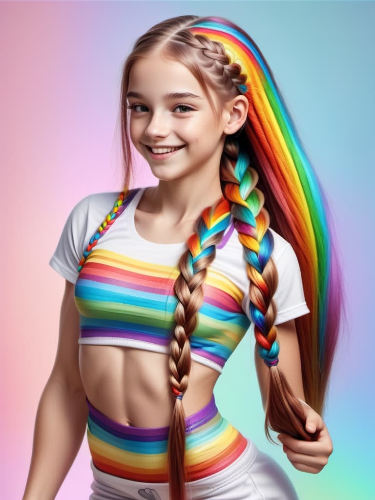  girl in full growth, rainbow long hair braided, smiling, atletic small waist, symmetrical perfect body, small, realistic skin texture