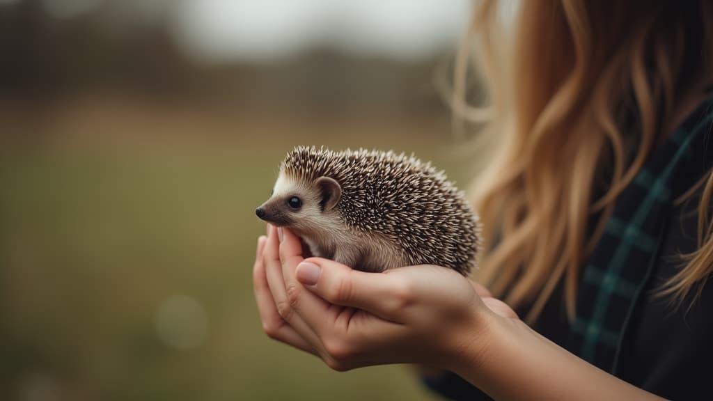  good quality, high quality, the photograph captures a side profile of a person holding a small hedgehog, presenting a moment of quiet contemplation and the nurturing bond between human and animal in an outdoor setting.