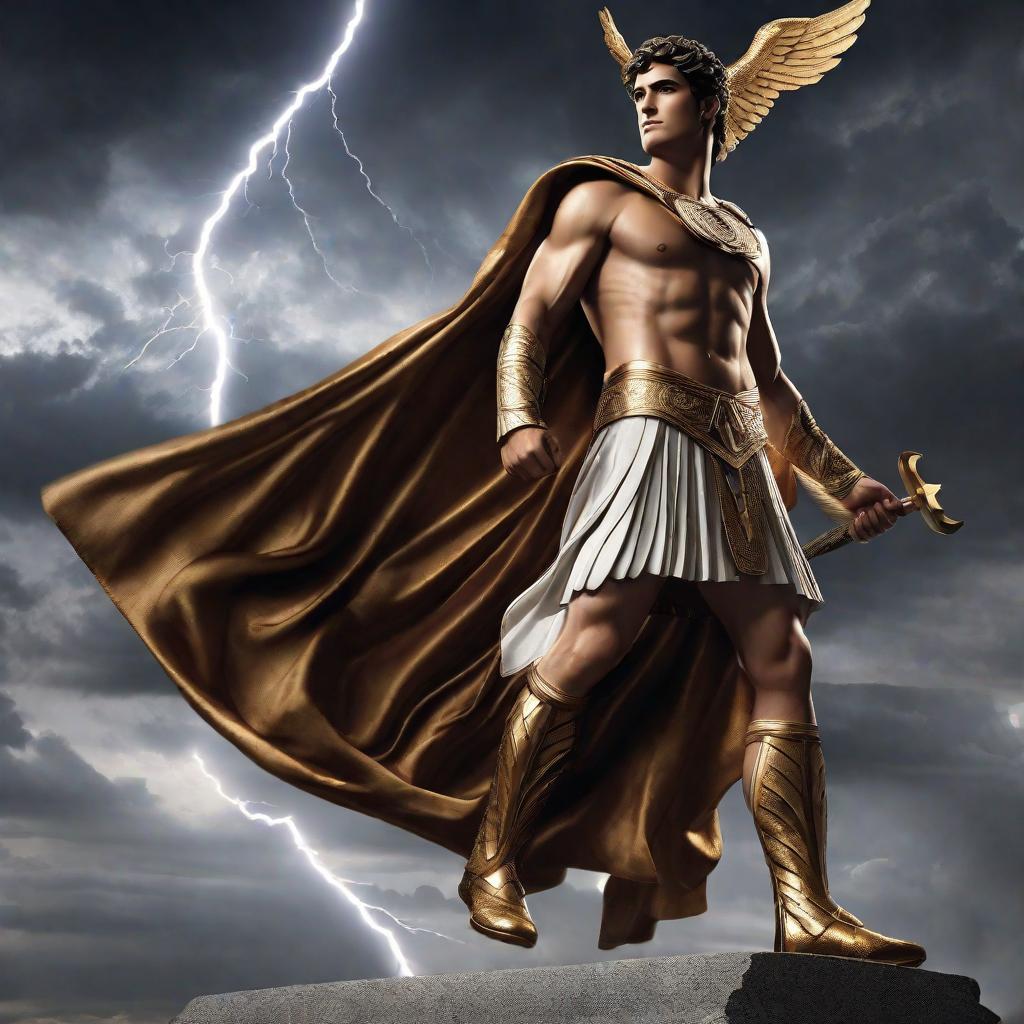  In a world where gods reigned supreme, Hermes, the mischievous trickster, went on an epic quest to steal Zeus' thunderbolt. With lightning crackling in his hands, Hermes faced the wrath of the mighty Zeus, his fate hanging in the balance. hyperrealistic, full body, detailed clothing, highly detailed, cinematic lighting, stunningly beautiful, intricate, sharp focus, f/1. 8, 85mm, (centered image composition), (professionally color graded), ((bright soft diffused light)), volumetric fog, trending on instagram, trending on tumblr, HDR 4K, 8K