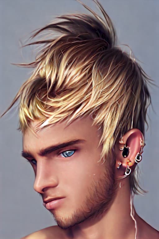  Boy, blond hair, messy hair, grey eyes, flirty face, hot, cute, sexy, one ear ring