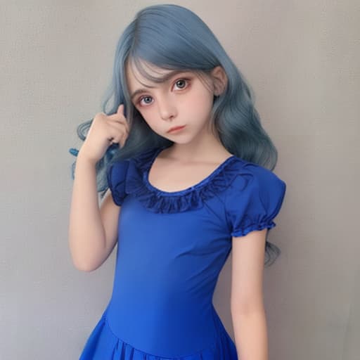  menina loira de cabelo longo ondulado com um vestido azul curto com maquiagem