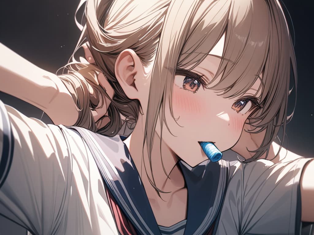  Sailor uniforms, tying hair, laughing, holding rubber in your mouth, masterpiece, best quality,8k,ultra detailed,high resolution,an extremely delicate and beautiful,hyper detail