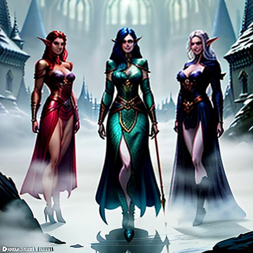  Three girls. A demon, a mermaid, and a witch., magic, dragons, elves, castles, by Donato Giancola, Ruan Jia, Kekai Kotaki, Magali Villeneuve, Even Mehl Amundsen hyperrealistic, full body, detailed clothing, highly detailed, cinematic lighting, stunningly beautiful, intricate, sharp focus, f/1. 8, 85mm, (centered image composition), (professionally color graded), ((bright soft diffused light)), volumetric fog, trending on instagram, trending on tumblr, HDR 4K, 8K