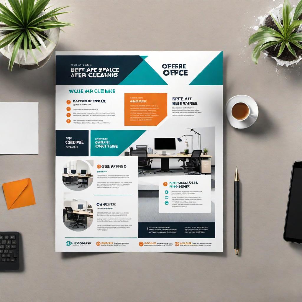  Design a flyer showcasing a before and after cleaning of an office space. The left side of the flyer should depict a cluttered and dirty office space, with papers scattered, trash overflowing, and dusty furniture. The right side should show the same office space after cleaning, looking organized, spotless, and inviting. Include text overlays: on the before side, use the text 'Before Cleaning: Chaos & Clutter!' in a bold, red font. On the after side, add the text 'After Cleaning: Spotless & Productive!' in a bold, green font. The overall design should be clean and professional, with a clear separation between the before and after images. hyperrealistic, full body, detailed clothing, highly detailed, cinematic lighting, stunningly beautiful, intricate, sharp focus, f/1. 8, 85mm, (centered image composition), (professionally color graded), ((bright soft diffused light)), volumetric fog, trending on instagram, trending on tumblr, HDR 4K, 8K