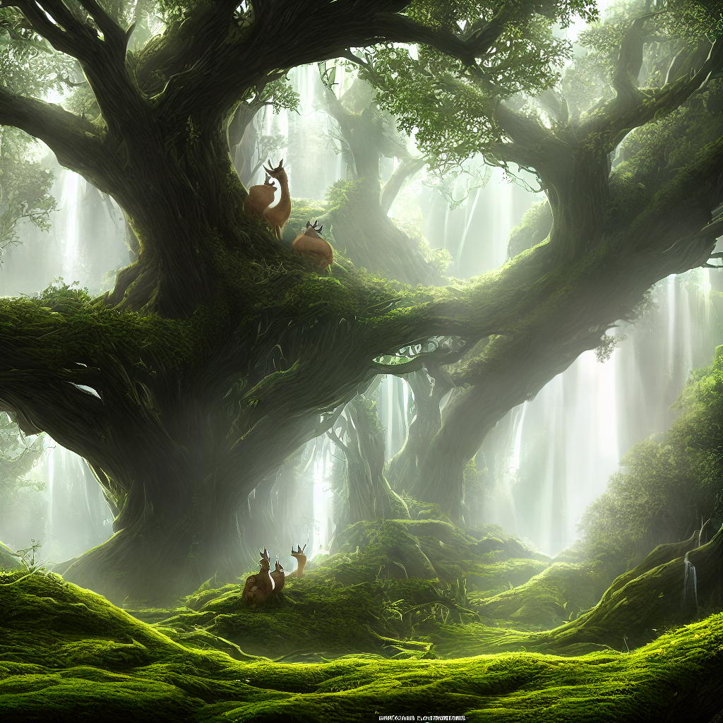  ((Masterpiece)), (((best quality))), 8k, high detailed, ultra-detailed. A mystical forest scene with towering ancient trees, (a hidden waterfall) cascading down moss-covered rocks, (a family of deer) peacefully grazing in a sunlit clearing, (a curious fox) peering out from behind a tree trunk, and delicate rays of sunlight (filtering through the dense canopy), creating a magical atmosphere. hyperrealistic, full body, detailed clothing, highly detailed, cinematic lighting, stunningly beautiful, intricate, sharp focus, f/1. 8, 85mm, (centered image composition), (professionally color graded), ((bright soft diffused light)), volumetric fog, trending on instagram, trending on tumblr, HDR 4K, 8K