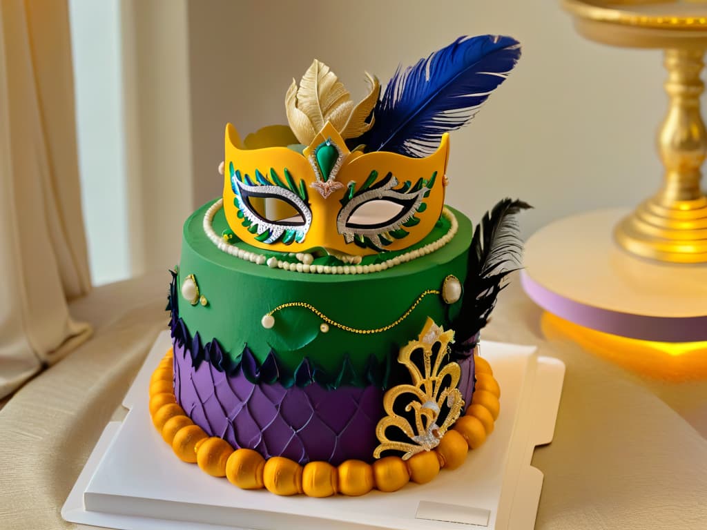  A colorful and intricately designed Mardi Gras themed cake, featuring vibrant purple, green, and gold fondant layers adorned with masks, beads, and feathers. The cake is displayed on a golden tray against a festive backdrop of glittering Mardi Gras decorations, capturing the essence of the carnival spirit in a visually stunning and mouthwatering dessert centerpiece. hyperrealistic, full body, detailed clothing, highly detailed, cinematic lighting, stunningly beautiful, intricate, sharp focus, f/1. 8, 85mm, (centered image composition), (professionally color graded), ((bright soft diffused light)), volumetric fog, trending on instagram, trending on tumblr, HDR 4K, 8K