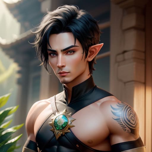  half-elf, male, ranger, short black hair, green eyes, tattoos, toned build, hyperrealistic, high quality, highly detailed, perfect lighting, intricate, sharp focus, f/1. 8, 85mm, (centered image composition), (professionally color graded), ((bright soft diffused light)), trending on instagram, HDR 4K, 8K