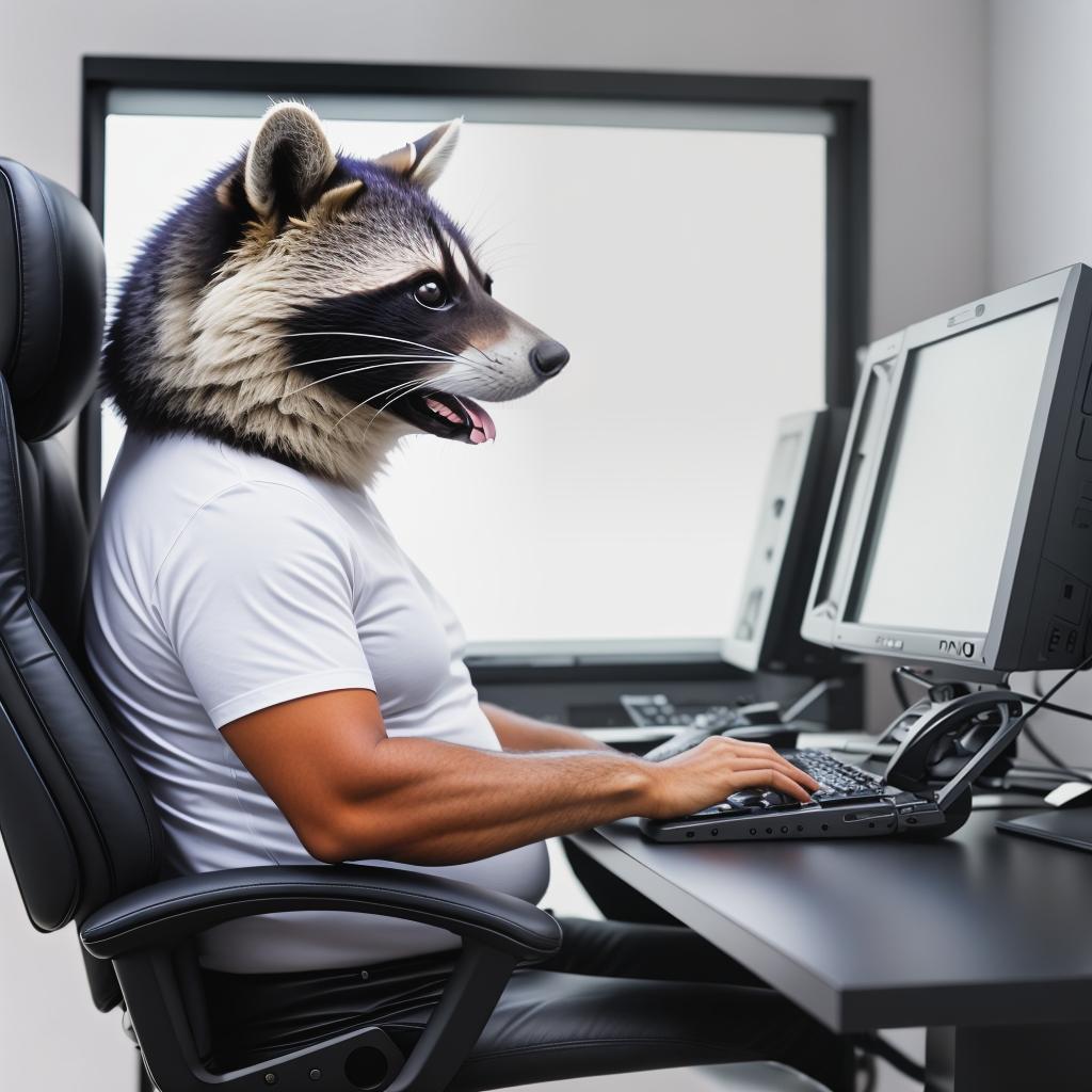  raccoon sitting in gaming chair front a computer on desktop, ((semi anthropomorphic)),(full body), tail, belly, sitting, fat, (chubby), (((white background))), solo, desktop, gaming chair, side view,  [[[clothes]]] hyperrealistic, full body, detailed clothing, highly detailed, cinematic lighting, stunningly beautiful, intricate, sharp focus, f/1. 8, 85mm, (centered image composition), (professionally color graded), ((bright soft diffused light)), volumetric fog, trending on instagram, trending on tumblr, HDR 4K, 8K