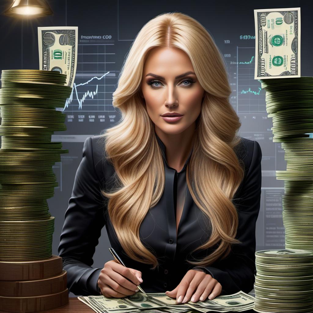  hyperrealistic art Draw a pretty blond trader with big s, long hair and next to a top with charts. Next to it, a pack of money. . extremely high resolution details, photographic, realism pushed to extreme, fine texture, incredibly lifelike hyperrealistic, full body, detailed clothing, highly detailed, cinematic lighting, stunningly beautiful, intricate, sharp focus, f/1. 8, 85mm, (centered image composition), (professionally color graded), ((bright soft diffused light)), volumetric fog, trending on instagram, trending on tumblr, HDR 4K, 8K