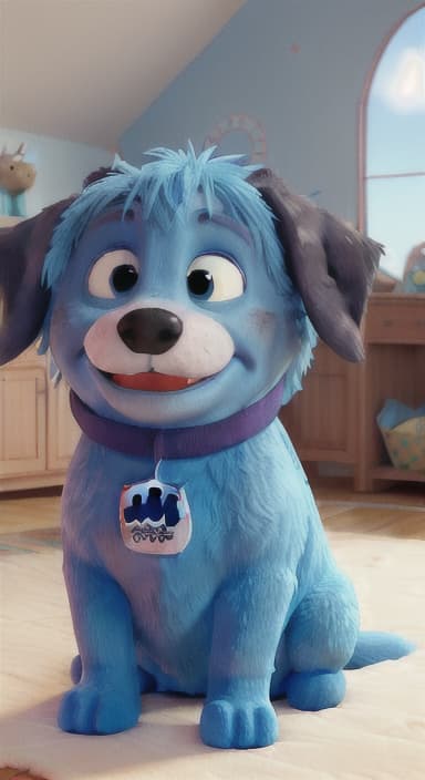  {Max snuggled up in his comfy dog bed inside the house, fast asleep, The big blue dog is large with sky blue fur, big round eyes, a black nose, and floppy ears.