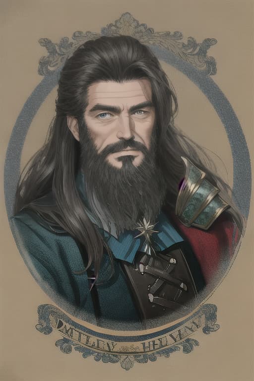  Middle -aged uncle, dandy, armor, beard, long hair, high -angle, posing