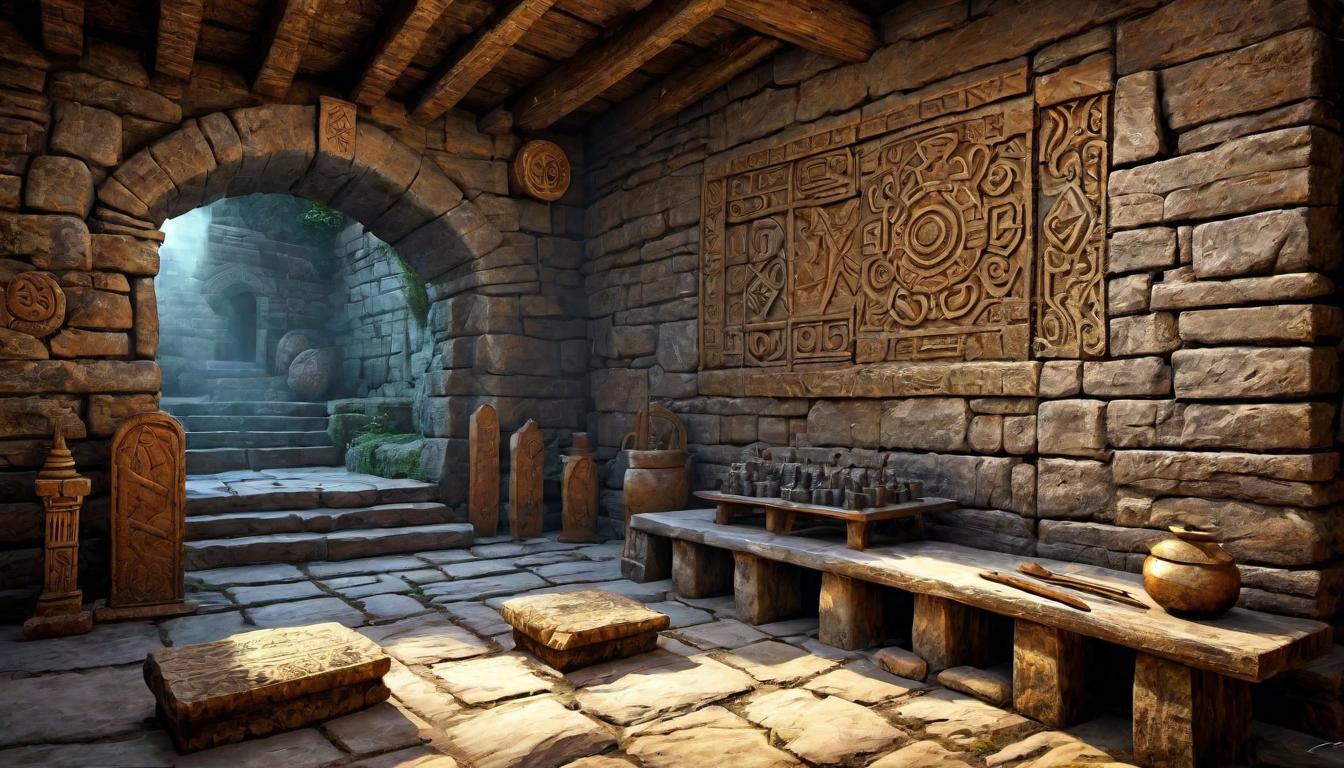  digital painting of Ancient symbols and tools in a mystical glow, textured stone and wood, worn and aged surfaces, mystical ambience looking at viewer, dynamic pose, (intricate details, masterpiece, best quality)