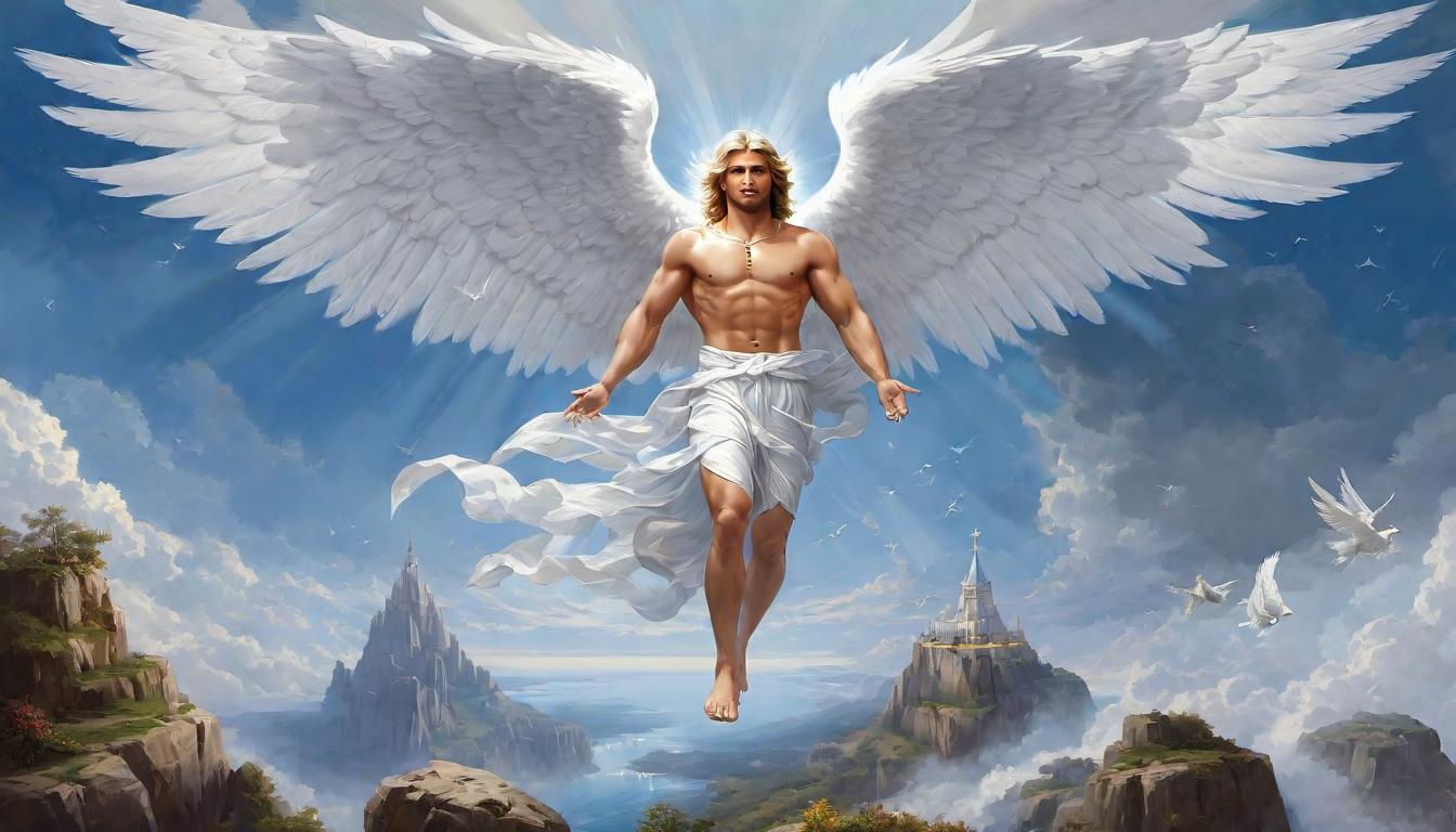  digital painting of Guided by male angels, a serene descent, hands gently poised, celestial escort, divine arrival, harmony between heaven and earth looking at viewer, dynamic pose, (intricate details, masterpiece, best quality)