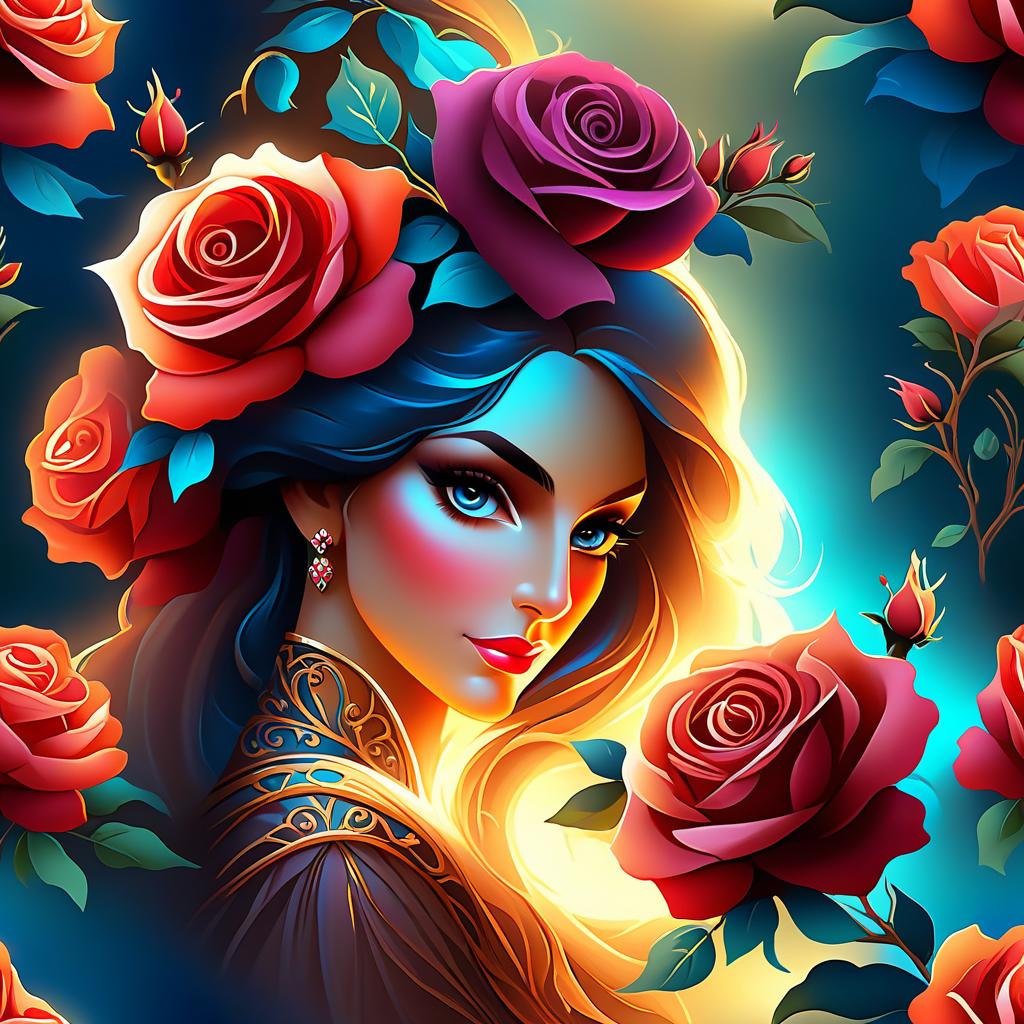  ethereal fantasy concept art of Fantasy bouquet of roses in the style of Zhurovka folk craftsmanship. The bouquet consists of three roses. (Roses): The color of the rose buds is red, Burgundy. (Leaves and branches): The color is azure, golden, yellow, amber. Background: dark blue, smoothly transitioning to black. . magnificent, celestial, ethereal, painterly, epic, majestic, magical, fantasy art, cover art, dreamy hyperrealistic, full body, detailed clothing, highly detailed, cinematic lighting, stunningly beautiful, intricate, sharp focus, f/1. 8, 85mm, (centered image composition), (professionally color graded), ((bright soft diffused light)), volumetric fog, trending on instagram, trending on tumblr, HDR 4K, 8K