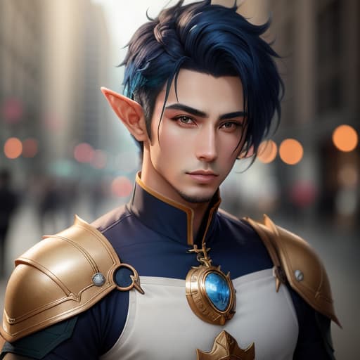  male, elf, navy blue hair, peach colored skin, thin build, hyperrealistic, high quality, highly detailed, perfect lighting, intricate, sharp focus, f/1. 8, 85mm, (centered image composition), (professionally color graded), ((bright soft diffused light)), trending on instagram, HDR 4K, 8K