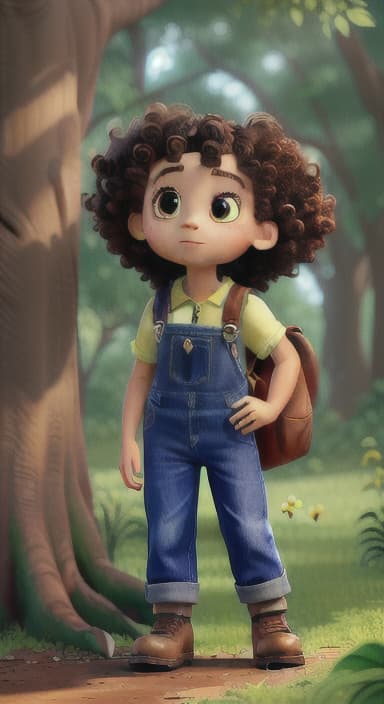  {The tree with a twinkling eye, while its leaves gently rustle., Riley, a curious with big brown eyes and curly hair, wearing overalls and carrying a small backpack. Their friend, Skye, a bluebird with shiny feathers.