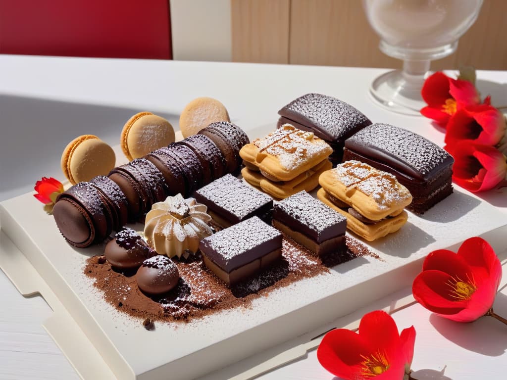  A closeup, ultradetailed image of a beautifully arranged platter of innovative chestnut pastries and sweets, showcasing a variety of desserts such as chestnut macarons, chestnut cream tarts, and chestnut chocolate truffles. The pastries are elegantly garnished with edible flowers and dusted with a light sprinkling of powdered sugar, set against a rustic wooden backdrop to evoke a warm, inviting home kitchen atmosphere. The intricate details of the desserts, from the delicate piping on the macarons to the glossy finish of the truffles, are captured in stunning clarity, highlighting the artistry and creativity behind these innovative chestnutinfused treats. hyperrealistic, full body, detailed clothing, highly detailed, cinematic lighting, stunningly beautiful, intricate, sharp focus, f/1. 8, 85mm, (centered image composition), (professionally color graded), ((bright soft diffused light)), volumetric fog, trending on instagram, trending on tumblr, HDR 4K, 8K