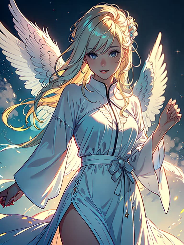  (best quality, masterpiece:1.2),1angel,solo,in the sky,playing a guitar,white wings,blond hair,smiling,looking down at viewer,open mouth,heavenly light,stars in background,white robe,long sleeves,flowing,peaceful expression,1girl hyperrealistic, full body, detailed clothing, highly detailed, cinematic lighting, stunningly beautiful, intricate, sharp focus, f/1. 8, 85mm, (centered image composition), (professionally color graded), ((bright soft diffused light)), volumetric fog, trending on instagram, trending on tumblr, HDR 4K, 8K