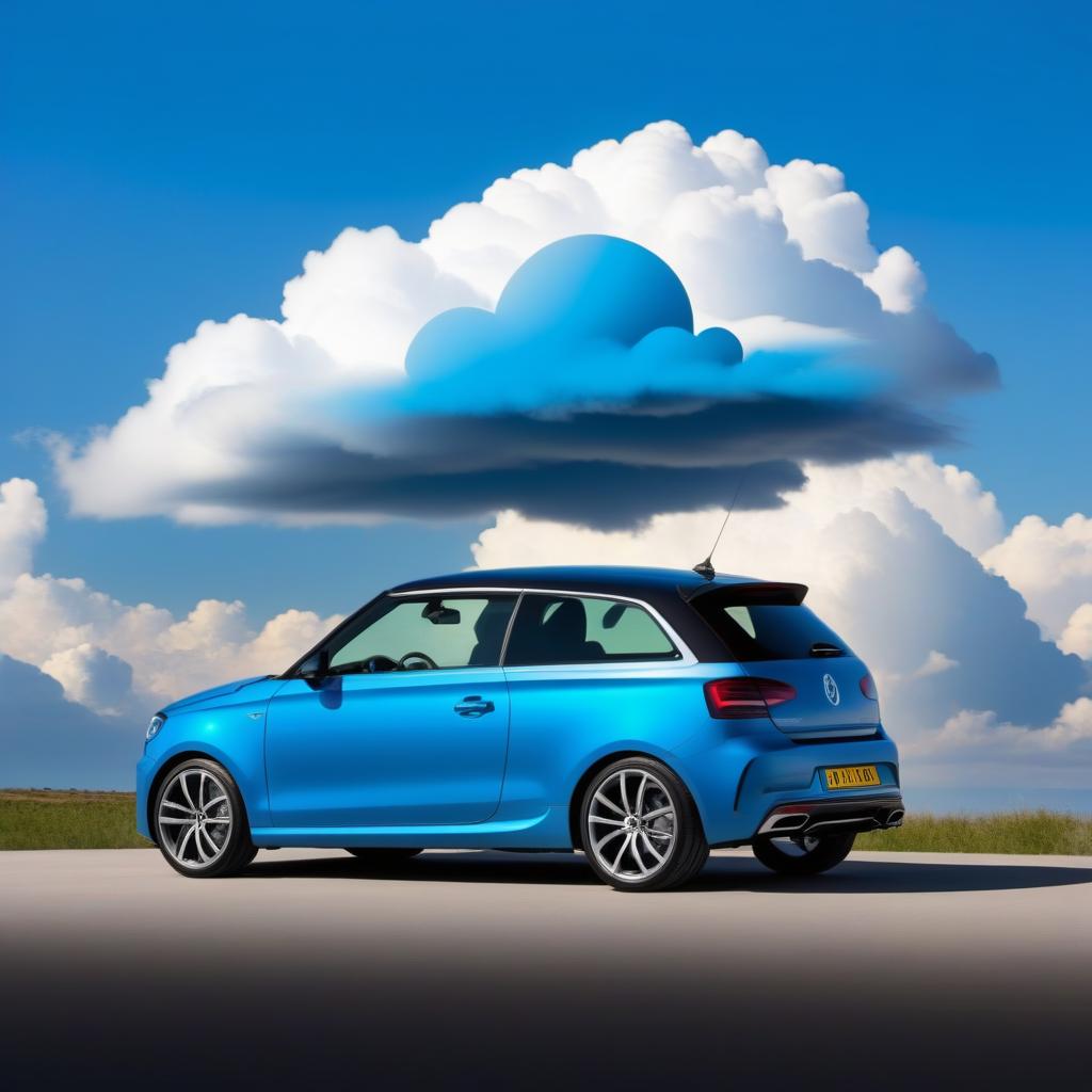  Logo, Es soll ein weißes Auto sein wo blaue Farbe runter läuft und auf dem Logo soll denn noch stehen der Name von Auto d.h. Blue Cloud und darauf soll stehen das ist das schnellste das Schönste und das coolste fliegende Auto ist die Farbe, die darunter läuft. Die ist an der Hälfte des Autos und es sollen zu Wolken mit auf dem Bild sein