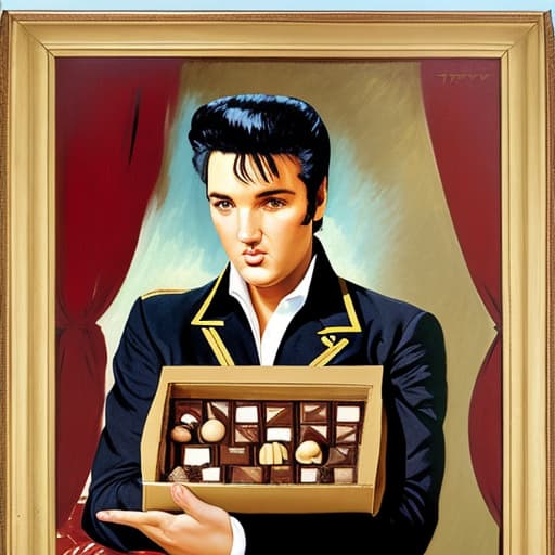  Elvis Presley holding an open box of fine chocolates. Painted in the style of Édouard Manet